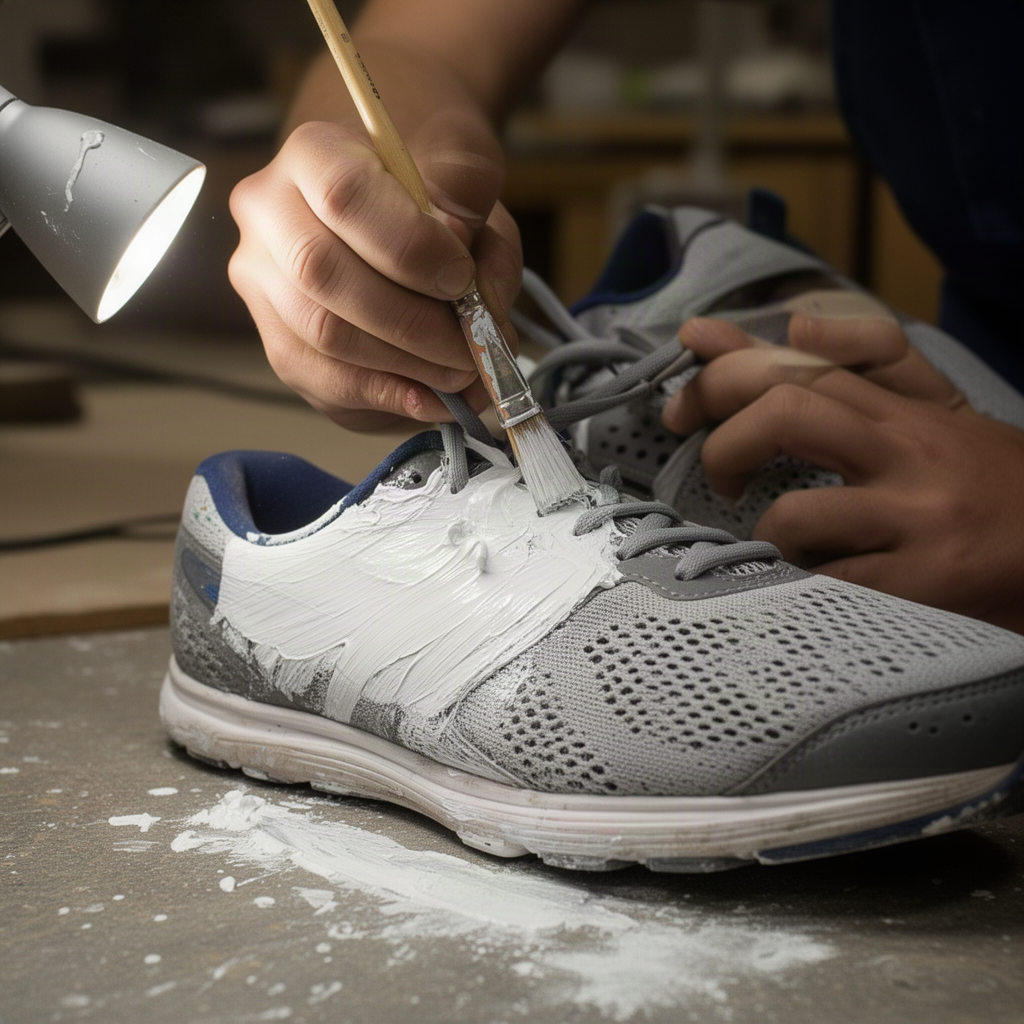 Mid-task framing of a sneaker being worked on