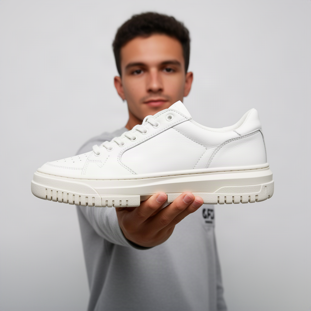 Clean product-shot framing of a white sneaker